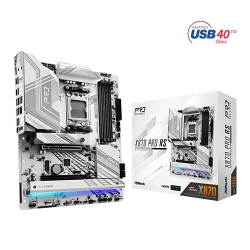 ASRock X870 Pro RS AMD Motherboard, AMD X870 Chipset, 4x DDR5 DIMM Slots, 256GB Memory, 1x PCIe 5.0 x16 Slot, ATX Form Factor