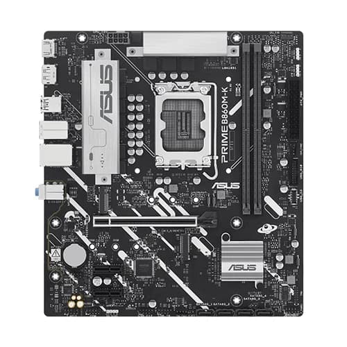 ASUS PRIME B860M-K Motherboard, Intel B860 Chipset, 2x DIMM slots, max 128GB, DDR5, 1x PCIe 4.0 x16 slot, micro-ATX Form Factor
