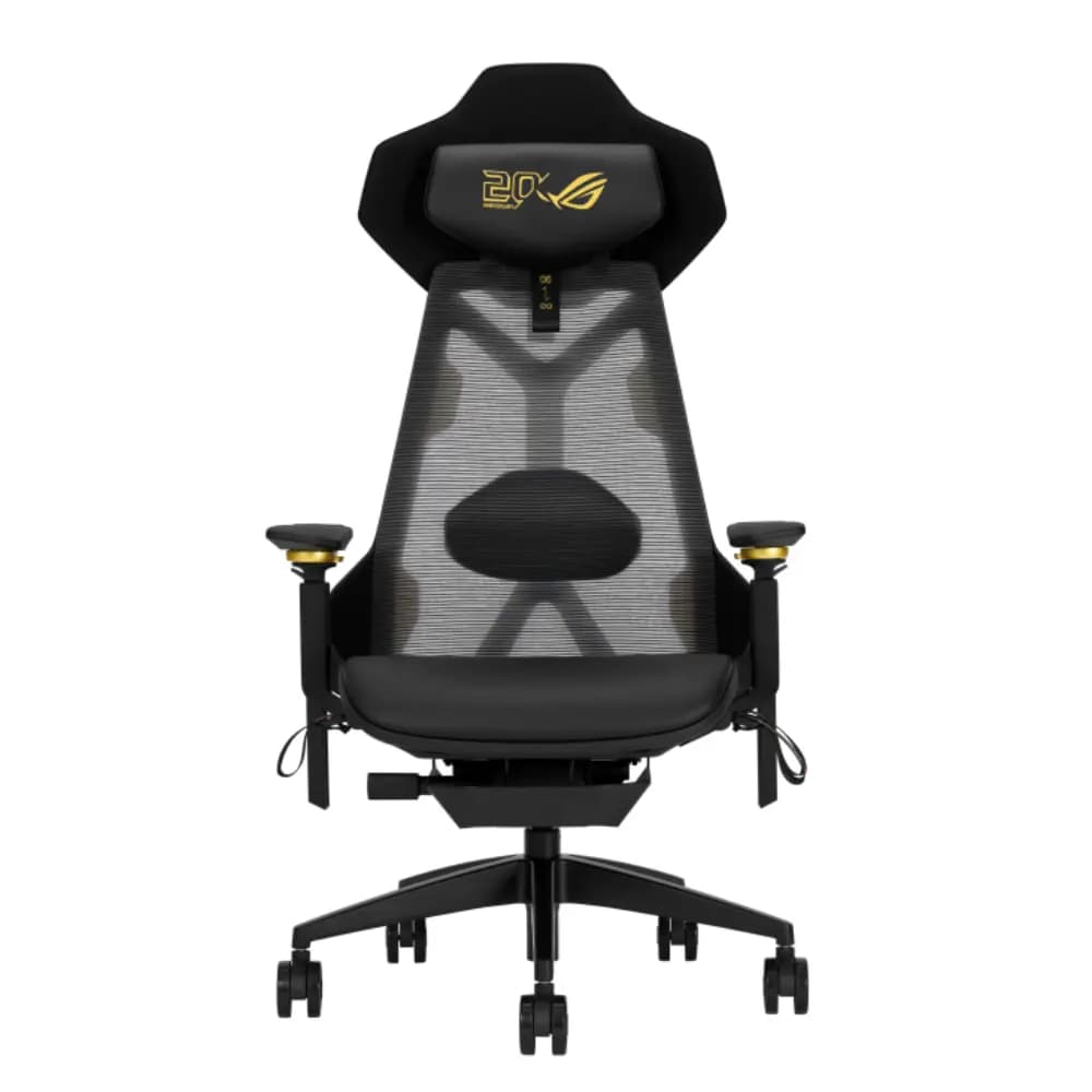 ASUS ROG Destrier Edition 20 Gaming Chair, 20th Anniversary Black & Gold Design, Adjustable Headrest, 360° Armrests & Lumbar Support