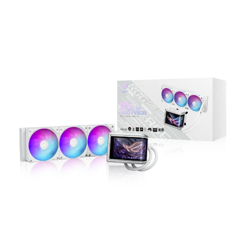 ASUS ROG RYUO IV 360 ARGB CPU Cooler White, 6.67" AMOLED Display, Air Flow: 56.66 CFM, 3x Fan Slots (120mm), PWM/ DC
