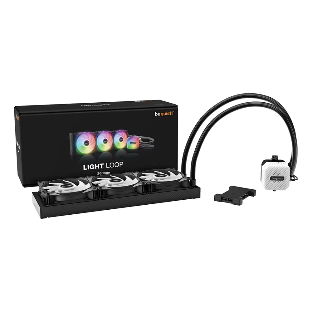 Be Quiet ARGB Light Loop CPU Liquid Cooler, 360mm Radiator, 3 Fans, 2100 PWM Fan Speed, 2900 RPM Pump Speed, 61.8 CFM Air Flow, Rifle Bearing Type, Black