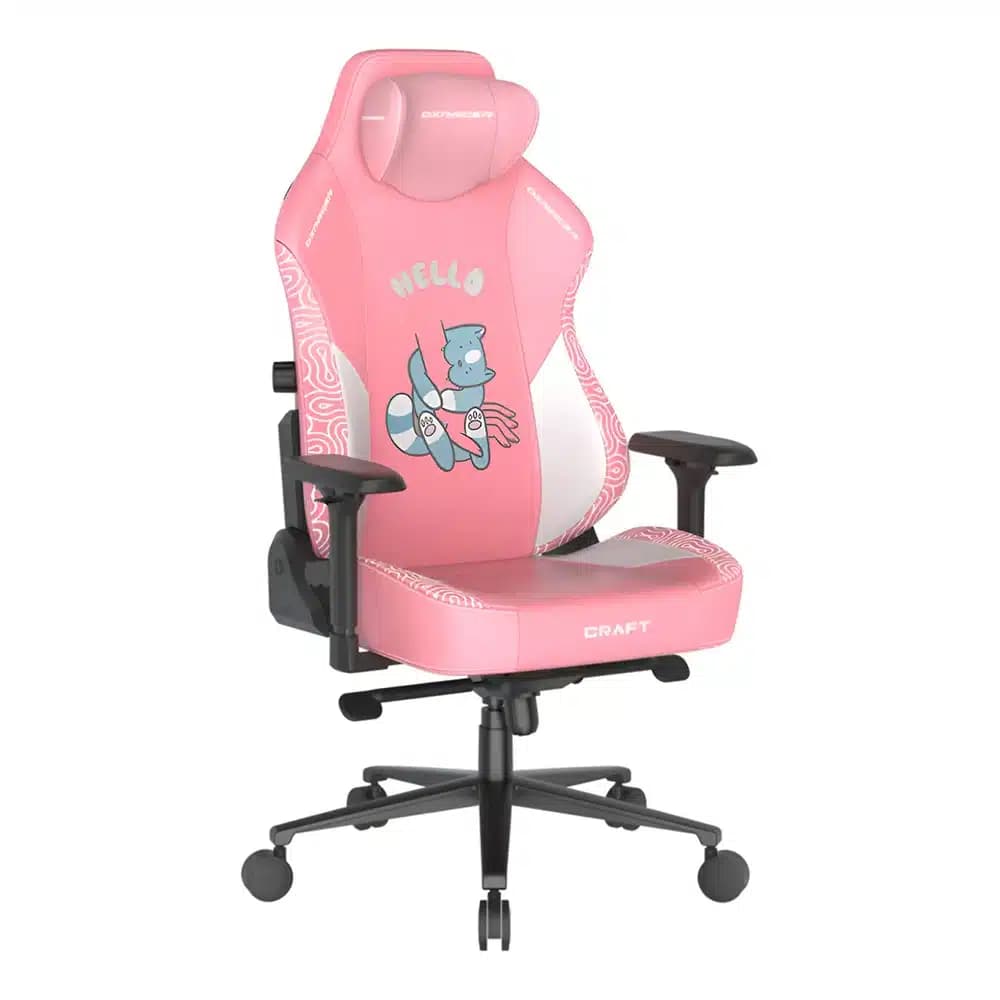 DXRACER CRAFT Series Hello Cat Pink Gaming Chair, Ergonomic design, 135° recline, 4D adjustable armrests, extendable footrest, lumbar, headrest support thumbnail 2