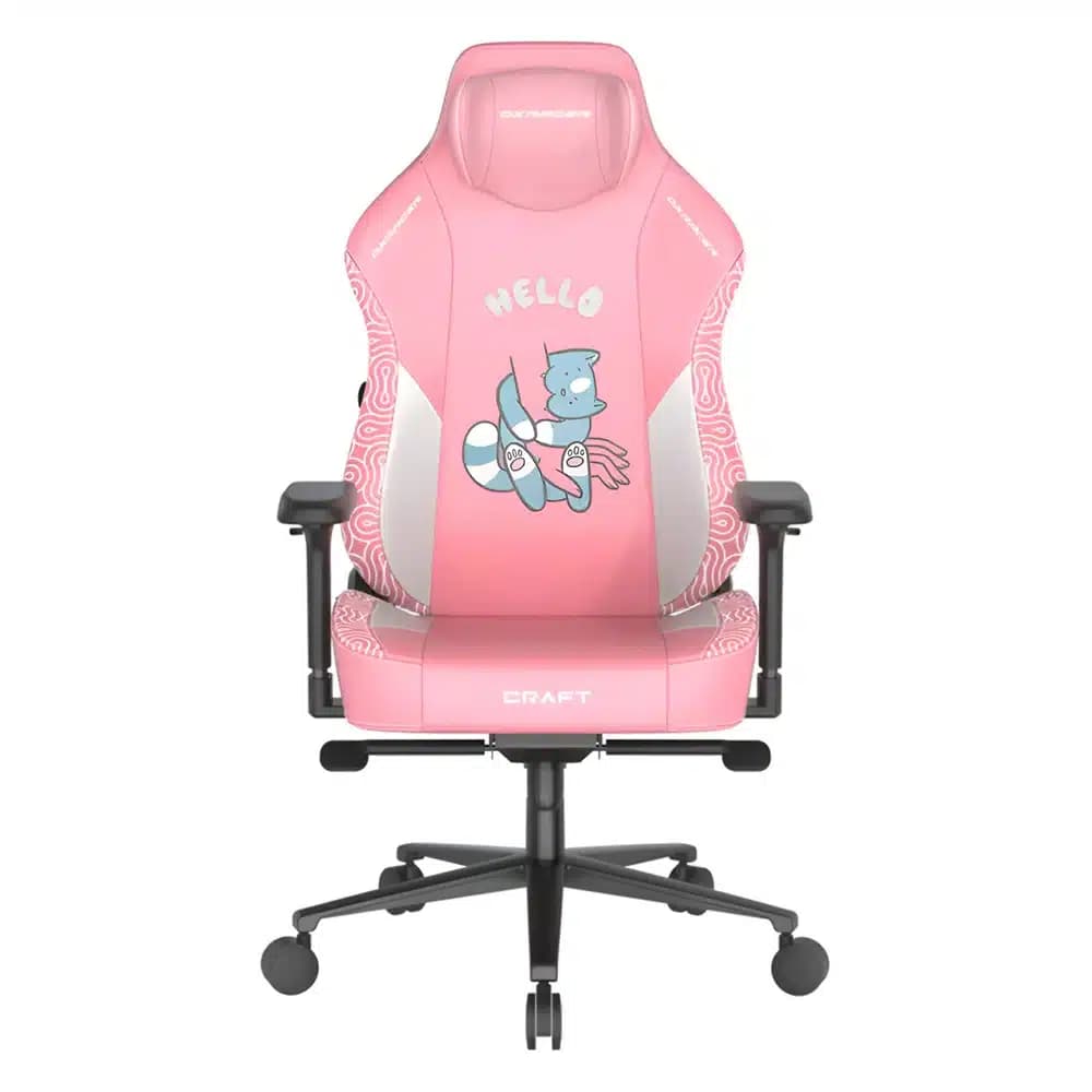 DXRACER CRAFT Series Hello Cat Pink Gaming Chair, Ergonomic design, 135° recline, 4D adjustable armrests, extendable footrest, lumbar, headrest support