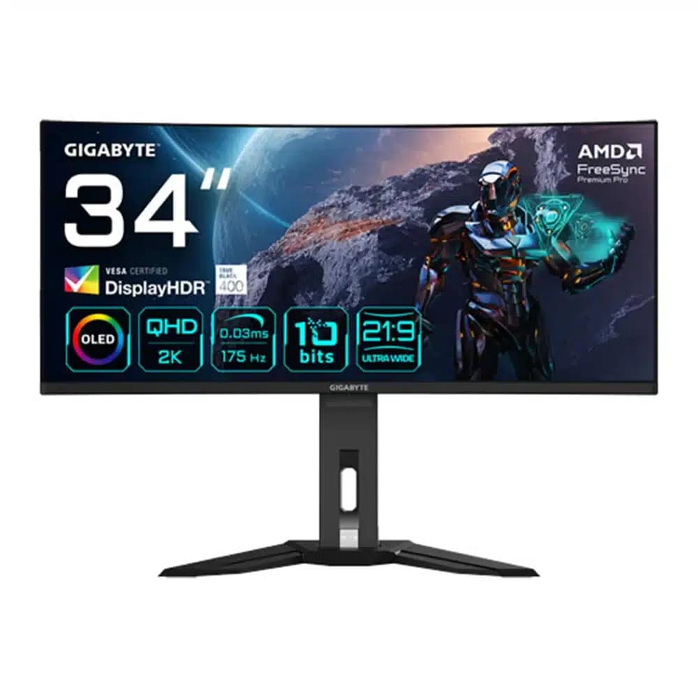 Gigabyte MO34WQC Gaming Monitor, 34" QD-OLED Display, WQHD Resolution, 175Hz Refresh Rate, 0.03ms (GtG) Response Time, 1800R Curvature