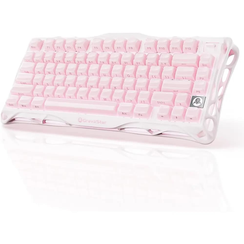 GravaStar Mercury K1 75% Wireless Mechanical Keyboard Sakura Pink, Aluminum Alloy Gaming Keyboard with Knob, Hot Swappable, Linear Switches, Transparent Keycaps, RGB Backlit, 2.4GHz/BT5.0/USB for PC Gaming