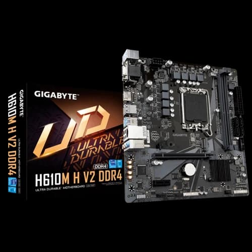 GIGABYTE H610M H V2 DDR4 Micro ATX Motherboard, LGA1700 socket, Intel H610 Express Chipset, 2 x DDR4 DIMM, Dual channel memory architecture, 1 x D-Sub port, 1 x HDMI port, Realtek Audio CODEC