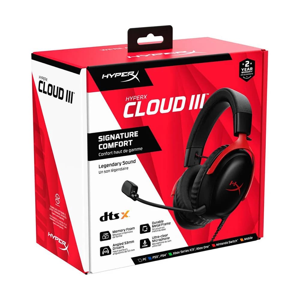 HyperX Cloud III Wired Gaming Headset, For PC / PS5 / PS4 / Xbox Series, Angled 53mm Drivers, Noise Cancelling, With LED Mic Mute Indicator, 10Hz-21kHz Frequency Response, Black/Red