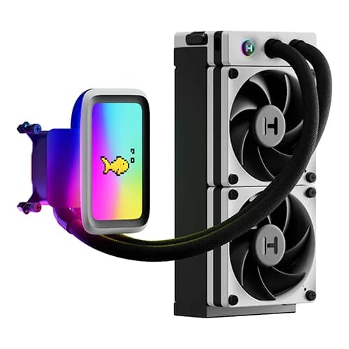 HYTE THICC Q60 Liquid CPU Cooler, 240mm Radiator, 5" Ultraslim IPS Display, 42-Pixel qRGB Array, 32mm THICC FP12 Fans, Dual Harmonic Pumps, Double-Hinged Floating Spout, Black | FAN-HYTE-Q60-BW
