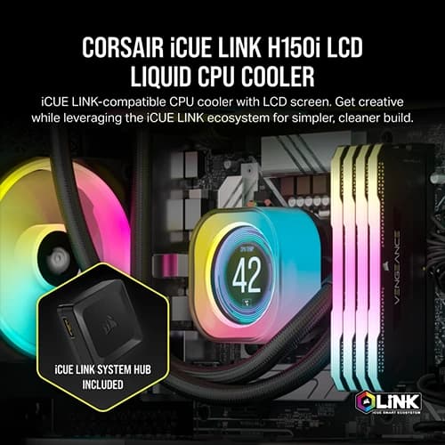 Corsair iCUE LINK H150i LCD Liquid CPU Cooler, 360mm, 16.44 - 63.1 CFM, 0.17 - 3.8mm-H2O Fan Static Pressure, 480 - 2400RPM ±10% Fan Speed thumbnail 2