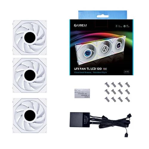 Lian Li UNI FAN TL-LCD 120 Triple White, ARGB PWM, LCD Screen, 120mm TBC RPM, NO Controller 28mm Thickness