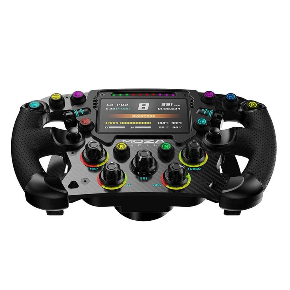 MOZA FSR Formula Steering Wheel, 280mm Steering Wheel, 4.3" Built-in Digital Dash, Carbon Fiber Magnetic Dual Clutch Paddles, Customized Quick Release, Perforated Leather Grips thumbnail 2