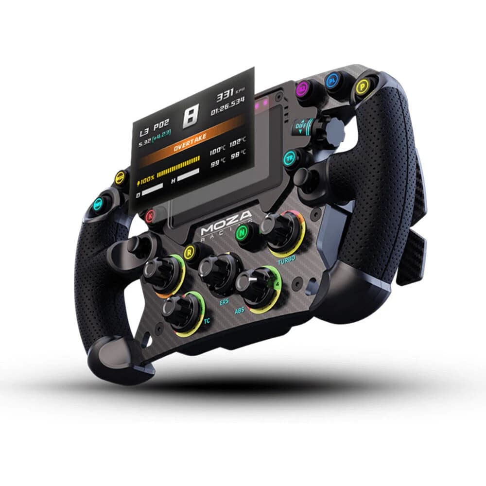 MOZA FSR Formula Steering Wheel, 280mm Steering Wheel, 4.3" Built-in Digital Dash, Carbon Fiber Magnetic Dual Clutch Paddles, Customized Quick Release, Perforated Leather Grips thumbnail 3