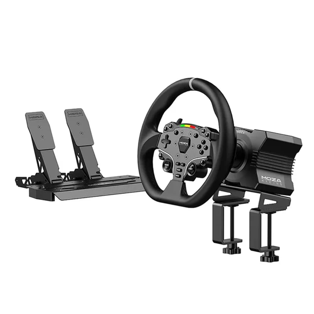 MOZA R5 Bundle Gaming Wheel & Pedals Black, 5.5 Nm of Torque from Direct Drive Power, Aeroplane Grade Aluminum / Hand-made Stitch Leather / High-Strength Steel, Adjustable Spacing and Height