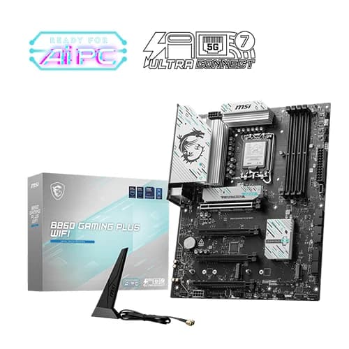 MSI B860 GAMING PLUS WIFI Motherboard, Intel Core Ultra Processors, Intel B860 Chipset, 256GB Memory, 4x DDR5 UDIMM, 4x PCI-E x16 slot, ATX Form Factor