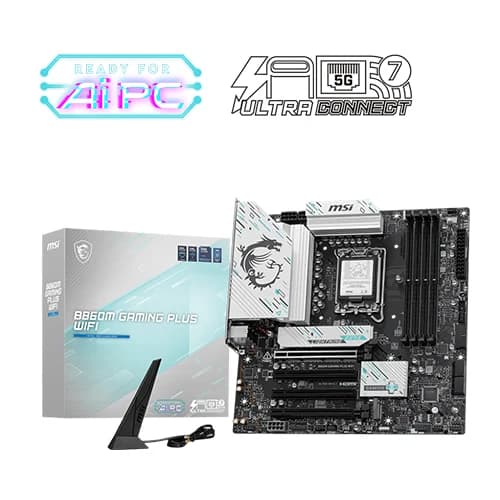 MSI B860M GAMING PLUS WIFI Motherboard, Intel Core Ultra Processors, Intel B860 Chipset, 256GB Memory, 4x DDR5 UDIMM, 4x PCI-E x16 slot, mATX Form Factor