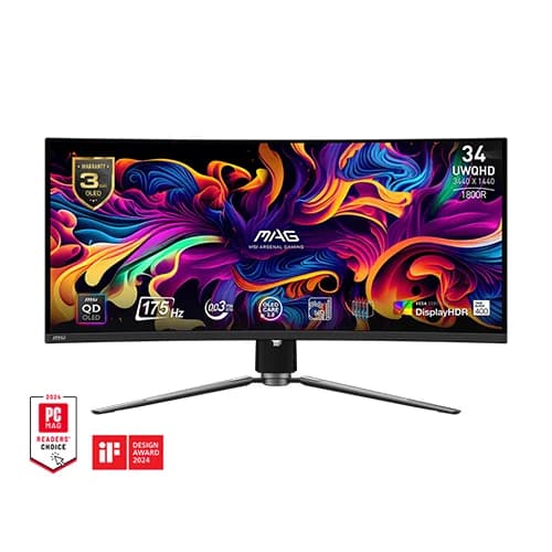 MSI MAG 341CQP QD-OLED Monitor, 34 Inch, Curve UWQHD HDR Display, 175Hz Refresh Rate, 0.03ms GTG, AMD FreeSync Premium Pro