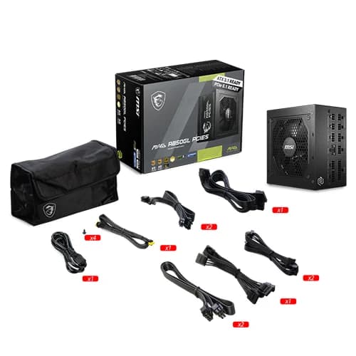 MSI MAG A850GL PCIE5 Power Supply Black, Intel ATX12V Version 3.0, 120mm Cooling Fan, 80 Plus Gold Efficiency Rating, 4 x PCIe 6+2-Pin Connectors, 8 x SATA Connectors