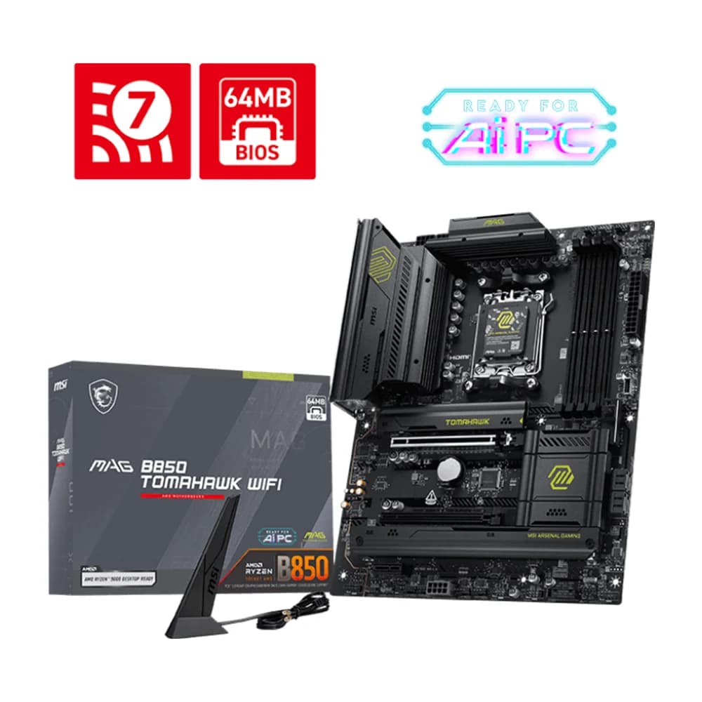 MSI MAG B850 TOMAHAWK WIFI Motherboard, AMD B850 Chipset, 4x DDR5, 256GB, 2x PCI-E x16 slot, ATX