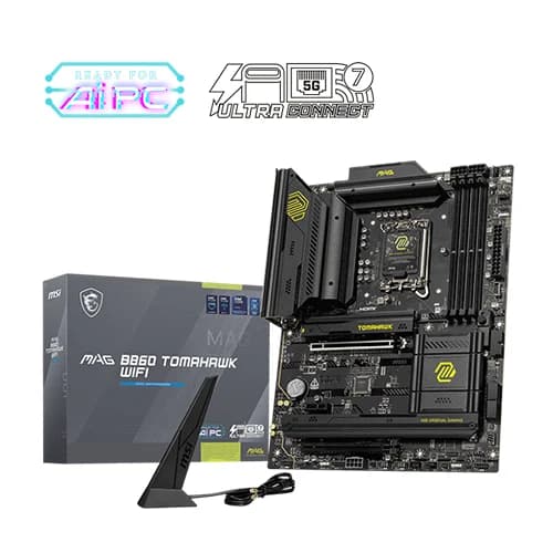 MSI MAG B860 TOMAHAWK WIFI Motherboard, Intel Core Ultra Processors, Intel B860 Chipset, 256GB Memory, 4x DDR5 UDIMM, 2x PCI-E x16 slot, ATX Form Factor