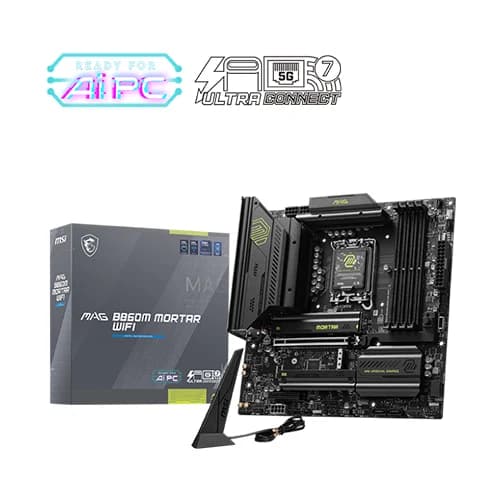 MSI MAG B860M MORTAR WIFI Motherboard, Intel Core Ultra Processors, Intel B860 Chipset, 256GB Memory, 4x DDR5 UDIMM, 1x PCI-E x16 slot, mATX Form Factor