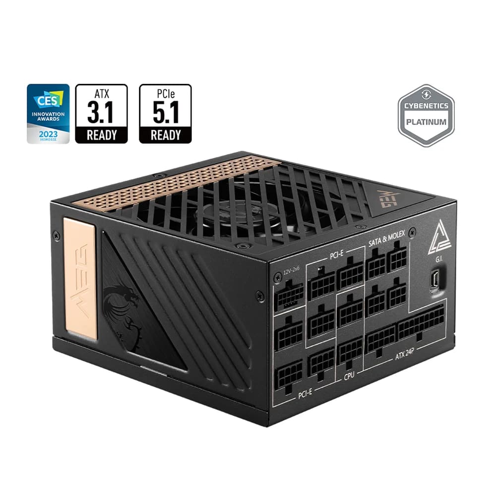 MSI MEG Ai1300P PCIE5 Power Supply, 80 PLUS Platinum, 1300W, Fully Modular, 120mm Fan Size, PCI-E 5.0, Hydro Dynamic Bearing thumbnail 2