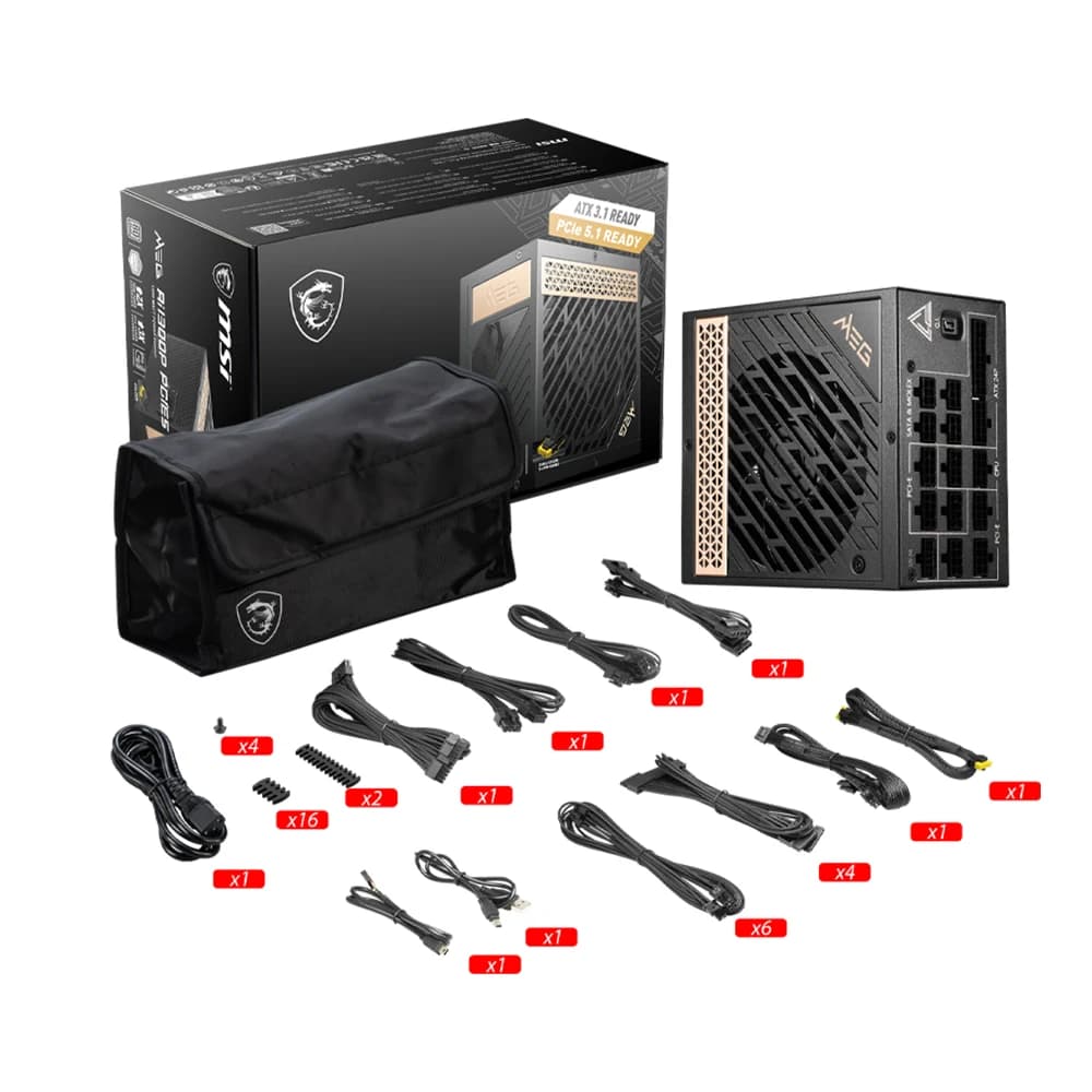 MSI MEG Ai1300P PCIE5 Power Supply, 80 PLUS Platinum, 1300W, Fully Modular, 120mm Fan Size, PCI-E 5.0, Hydro Dynamic Bearing