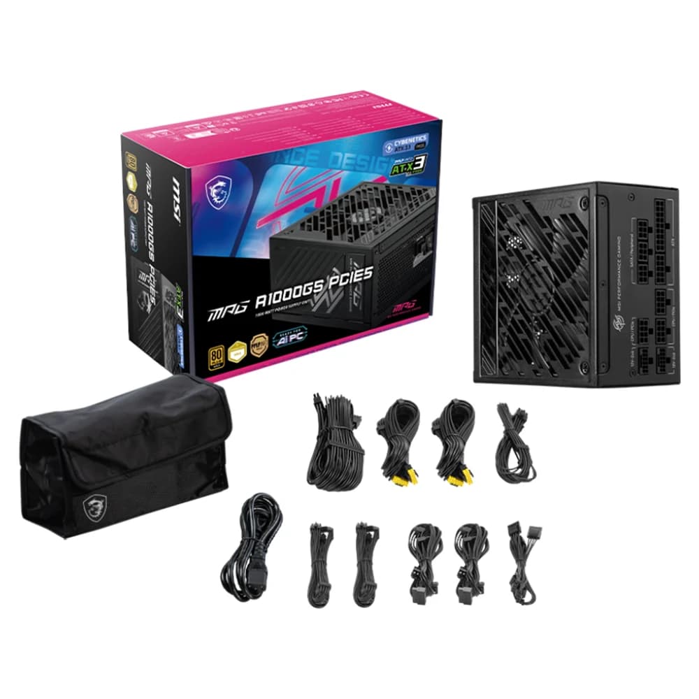 MSI MPG A1000GS PCIE5 Power Supply, 80 PLUS Gold, 1000W, Fully Modular, 135mm Fan Size, PCI-E 5.1, Fluid Dynamic Bearing