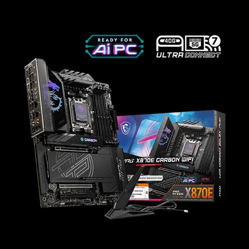 MSI MPG X870E CARBON WIFI Motherboard, AM5 Socket, 4x DDR5 UDIMM up to  256GB Memory, Realtek ALC4080 Codec, Wi-Fi 7 Solution, 4x EZ Debug LED, ATX Form Factor | 911-7E49-001