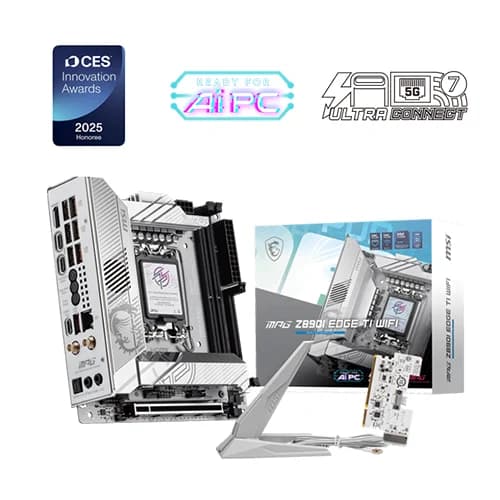 MSI MPG Z890I EDGE TI WIFI Motherboard, Intel Core Ultra Processors, Intel Z890 Chipset, 128GB Memory, 2x DDR5 UDIMM, 1x PCI-E x16 slot, Mini-ITX Form Factor
