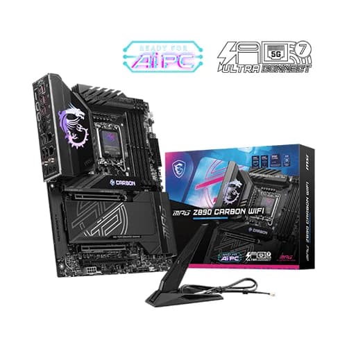 MSI MSI MPG Z890 Carbon WiFi Motherboard, Intel Core Ultra Processors, Intel Z890 Chipset, 256GB Memory, 4x DDR5 UDIMM, 3x PCI-E x16 slot, ATX Form Factor