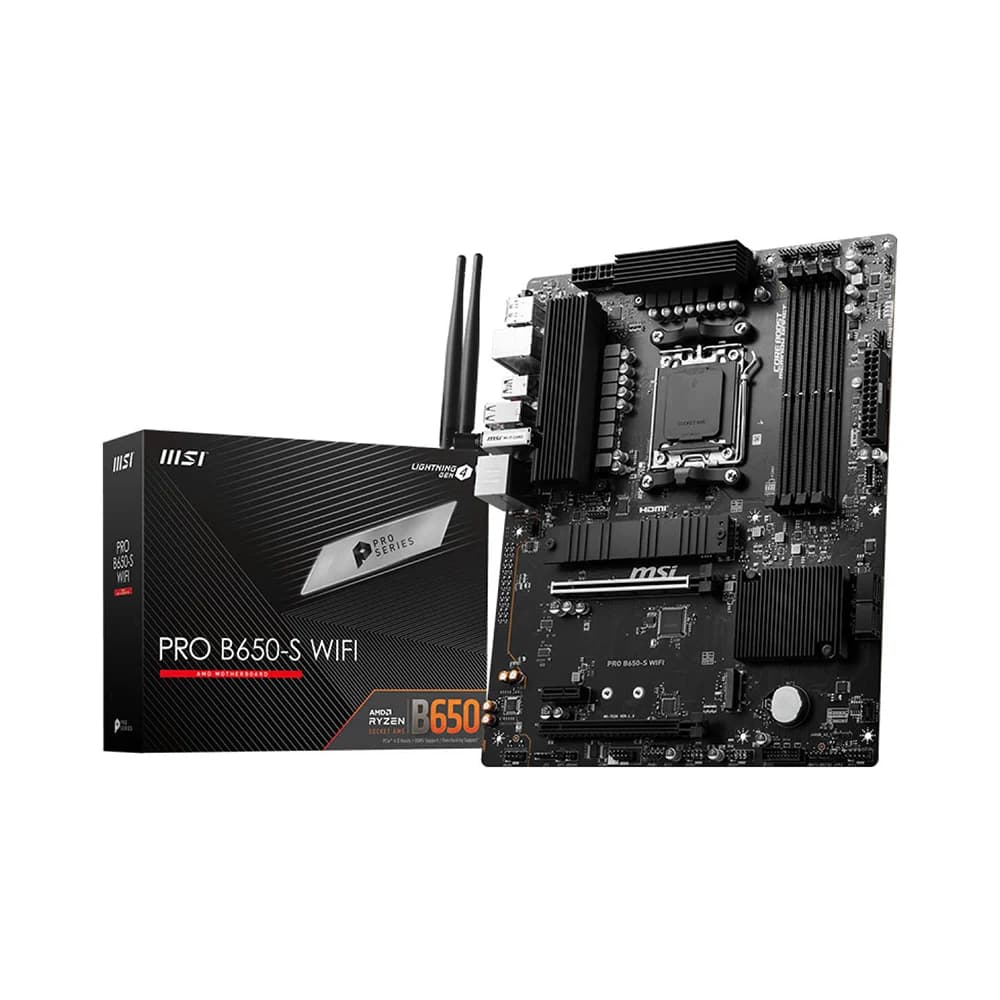 MSI PRO B650-S WIFI ATX AM5 Motherboard, AMD B650 Chipset, 4x DDR5 Slots, Up to 256GB Max Memory, 2x PCI-E x16 slots, 2x M.2 Slots, WIFI 6E & BT 5.3 Connectivity