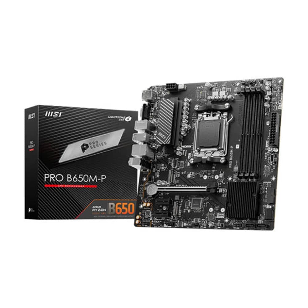 MSI Pro B650M-P AM5 mATX Motherboard, AMD B650 Chipset, 4x DDR5 Slots, 192GB Max Memory, 1x PCI-E x16, 2x M.2 Storage Slot, 4x SATA 6G, Realtek 8125BG 2.5G LAN, HDMI / DP / VGA