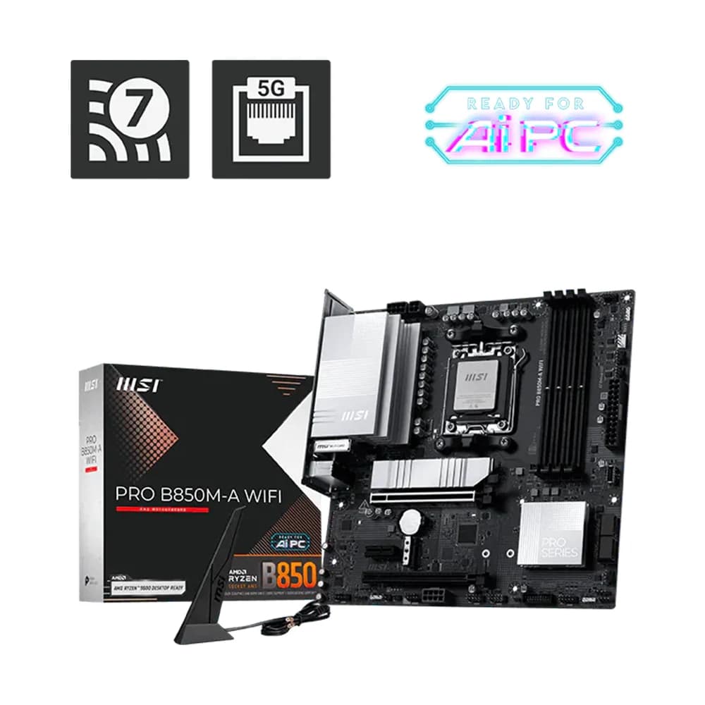 MSI PRO B850M-A WIFI Motherboard, AMD B850 Chipset, 4x DDR5 UDIMM Slots, 256GB Max Memory, 2x PCI-E x16 Slot, 2x M.2 Slots, WiFi7 & BT 5.4 Connectivity