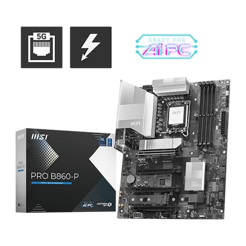 MSI PRO B860-P Motherboard, Intel Core Ultra Processors, Intel B860 Chipset, 256GB Memory, 4x DDR5 UDIMM, 4x PCI-E x16 slot, ATX Form Factor