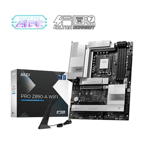 MSI PRO Z890-A WIFI Motherboard, Intel Core Ultra Processors, Intel Z890 Chipset, 256GB Memory, 4x DDR5 UDIMM, 3x PCI-E x16 slot, ATX Form Factor