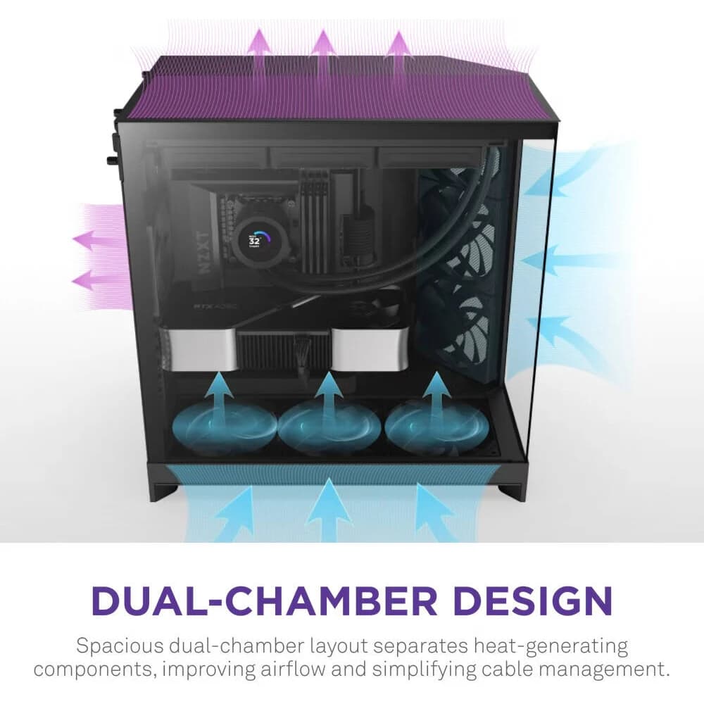 NZXT H9 Flow 2025 ATX Mid-Tower PC Case, Tempered Glass, Supports Dual 360mm Radiators, Up to 10 Fans, E-ATX thumbnail 3