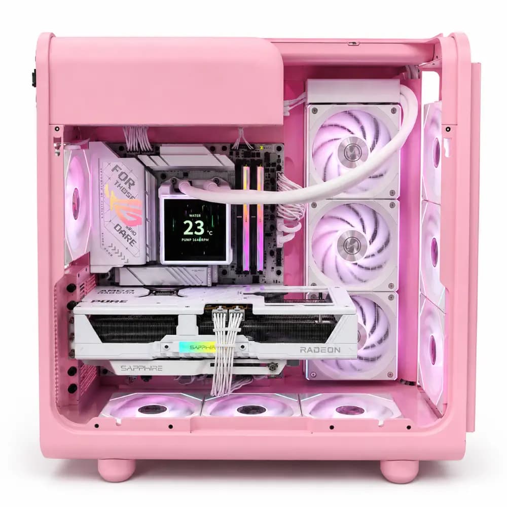 Strawberry Milk Pink Gaming PC Powered by Mindtech, AMD Ryzen 7 9700X , Radeon RX 9070 XT OC, 32GB DDR5 6000MHz, 1TB M.2 SSD, HYTE X50 Pink