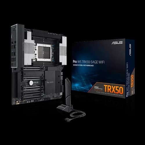 ASUS Pro WS TRX50-SAGE WIFI AMD TR5 CEB workstation motherboard, robust 36 power-stage design, PCIe 5.0 x 16, 1TB Max Memory, PCIe 5.0 M.2, Wi-Fi 7, 10 Gb and 2.5 Gb LAN, multi-GPU support