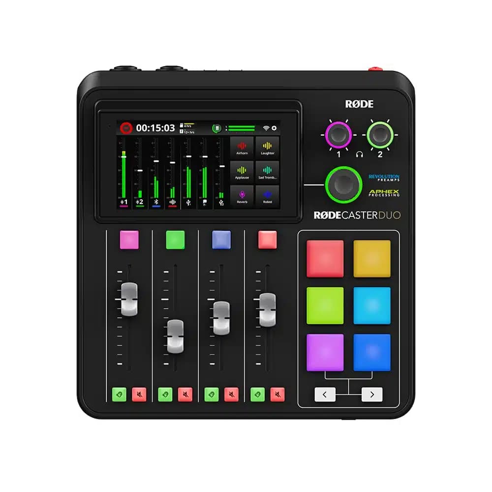 Rodecaster Duo Streaming Mixer Black, 2 mic inputs, SMART pads, 7-channel mixer, built-in wireless receiver, USB-C, touchscreen, Bluetooth, 32-bit multitrack recording