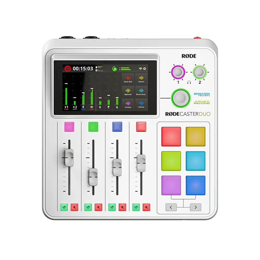 Rodecaster Duo Streaming Mixer White, 2 mic inputs, SMART pads, 7-channel mixer, built-in wireless receiver, USB-C, touchscreen, Bluetooth, 32-bit multitrack recording