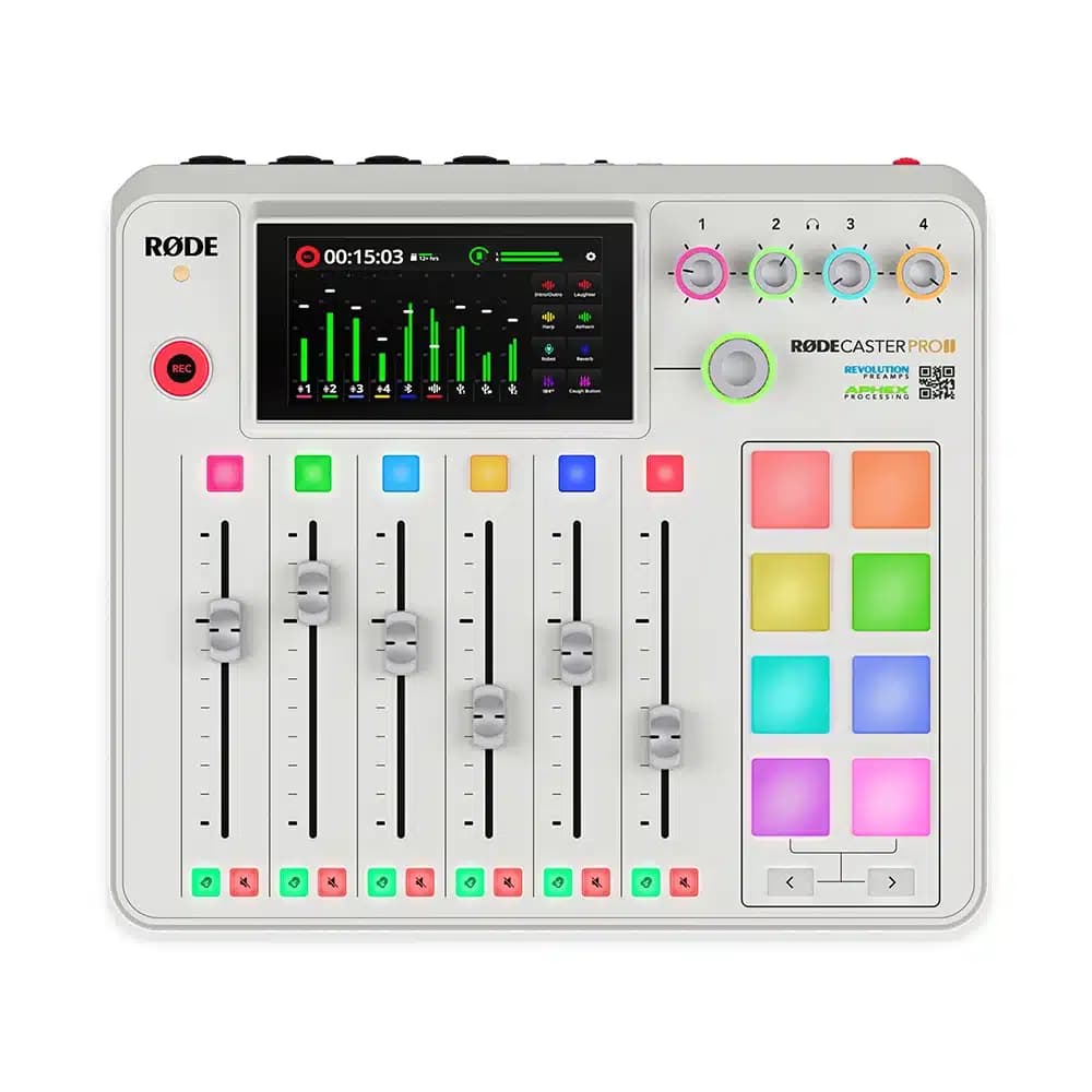 RODECaster Pro II Streaming Mixer White, SMART Pads, 4 Mic Inputs, Dual USB-C, Bluetooth, HD Touchscreen, APHEX Processing