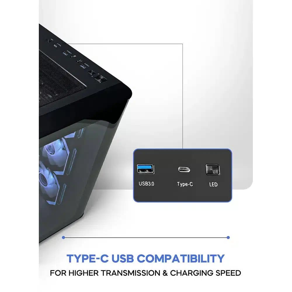 Tortox Curvo ATX PC Case Black, 7x Pre Installed 120MM ARGB PWM Fans, 360mm Radiator Support, 10x 120mm Fan Support, 7 Expansion Slots, USB Type-C Port, 0.7MM SPCC Material thumbnail 4