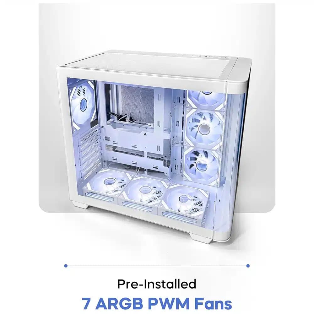 Tortox Curvo ATX PC Case White, 7x Pre Installed 120MM ARGB PWM Fans, 360mm Radiator Support, 10x 120mm Fan Support, 7 Expansion Slots, USB Type-C Port, 0.7MM SPCC Material thumbnail 2