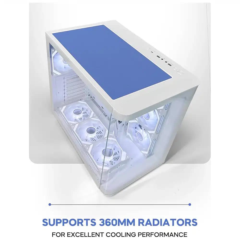 Tortox Curvo ATX PC Case White, 7x Pre Installed 120MM ARGB PWM Fans, 360mm Radiator Support, 10x 120mm Fan Support, 7 Expansion Slots, USB Type-C Port, 0.7MM SPCC Material thumbnail 3