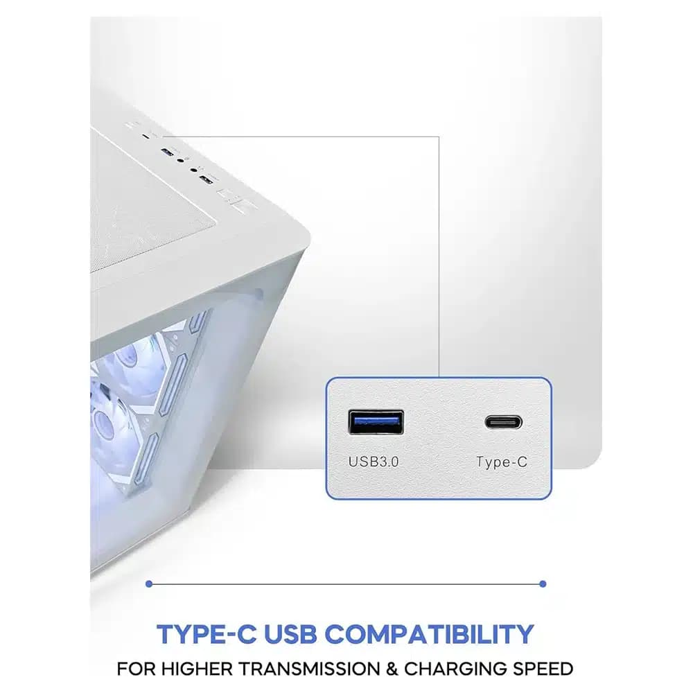 Tortox Curvo ATX PC Case White, 7x Pre Installed 120MM ARGB PWM Fans, 360mm Radiator Support, 10x 120mm Fan Support, 7 Expansion Slots, USB Type-C Port, 0.7MM SPCC Material thumbnail 4