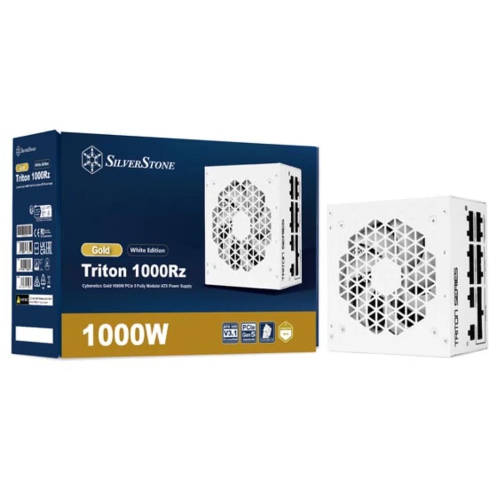 SilverStone Triton 1000Rz 1000W White Fully Modular Power Supply, Cybenetics Gold, ATX 3.1, PCIe 5.0, 12V-2x6 Connector, 120mm FDB Fan