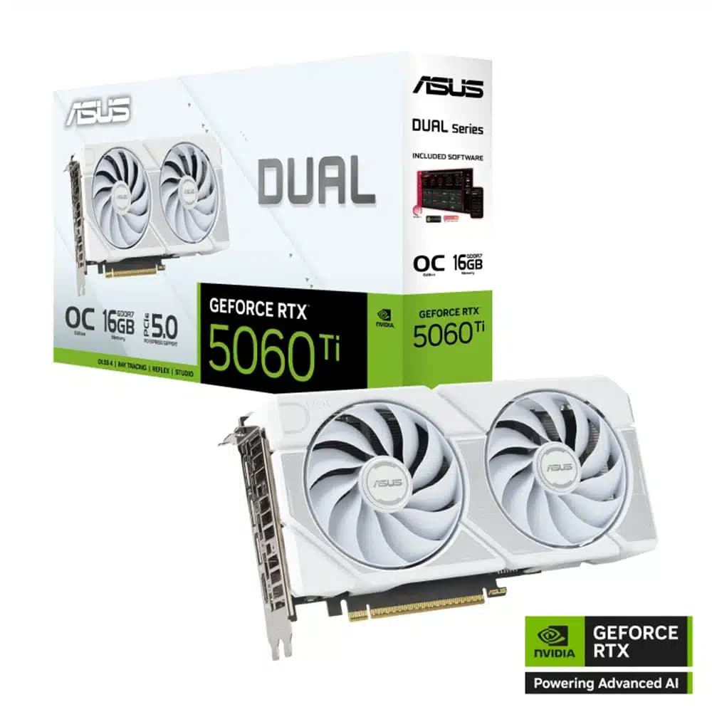 ASUS Dual GeForce RTX 5060 Ti 16GB GDDR7 White OC Edition Graphics Card, 767 AI TOPS, 2602 MHz Default Mode, 16GB GDDR7, 4608 Cuda Core, PCI Express 5.0
