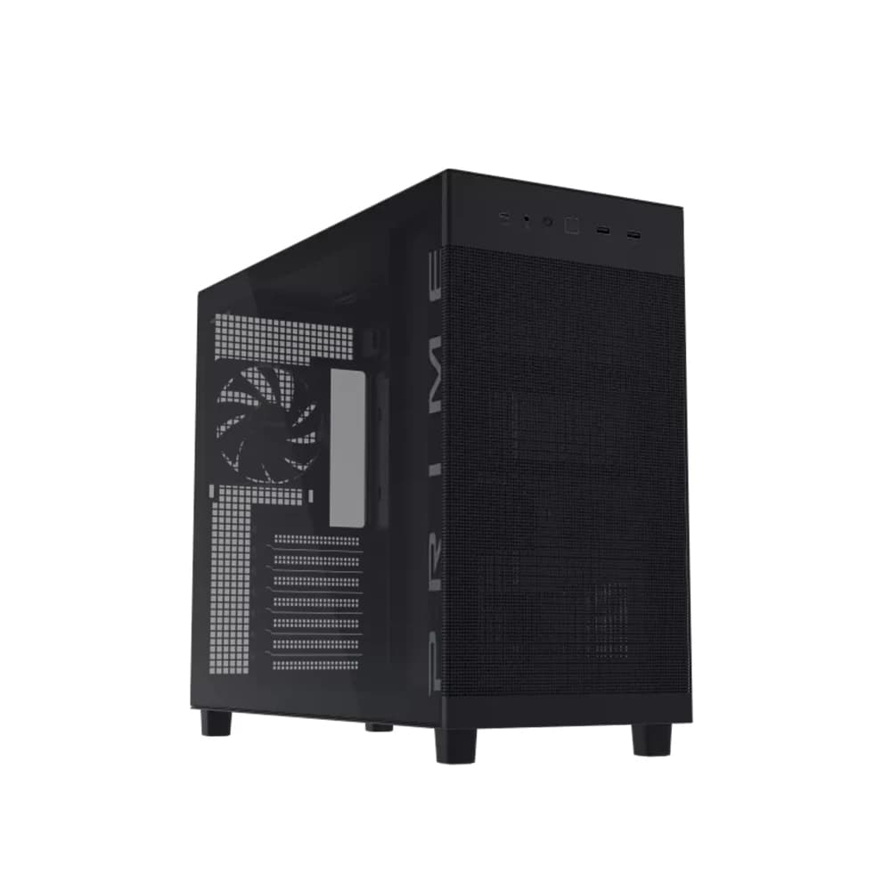 ASUS Prime AP303 Tempered Glass Computer Case Black, 1x 120mm Pre-Installed Fan, Up to 360mm Radiator Support & 4x 120mm Fan Support, Quasi-Filter Mesh Panels