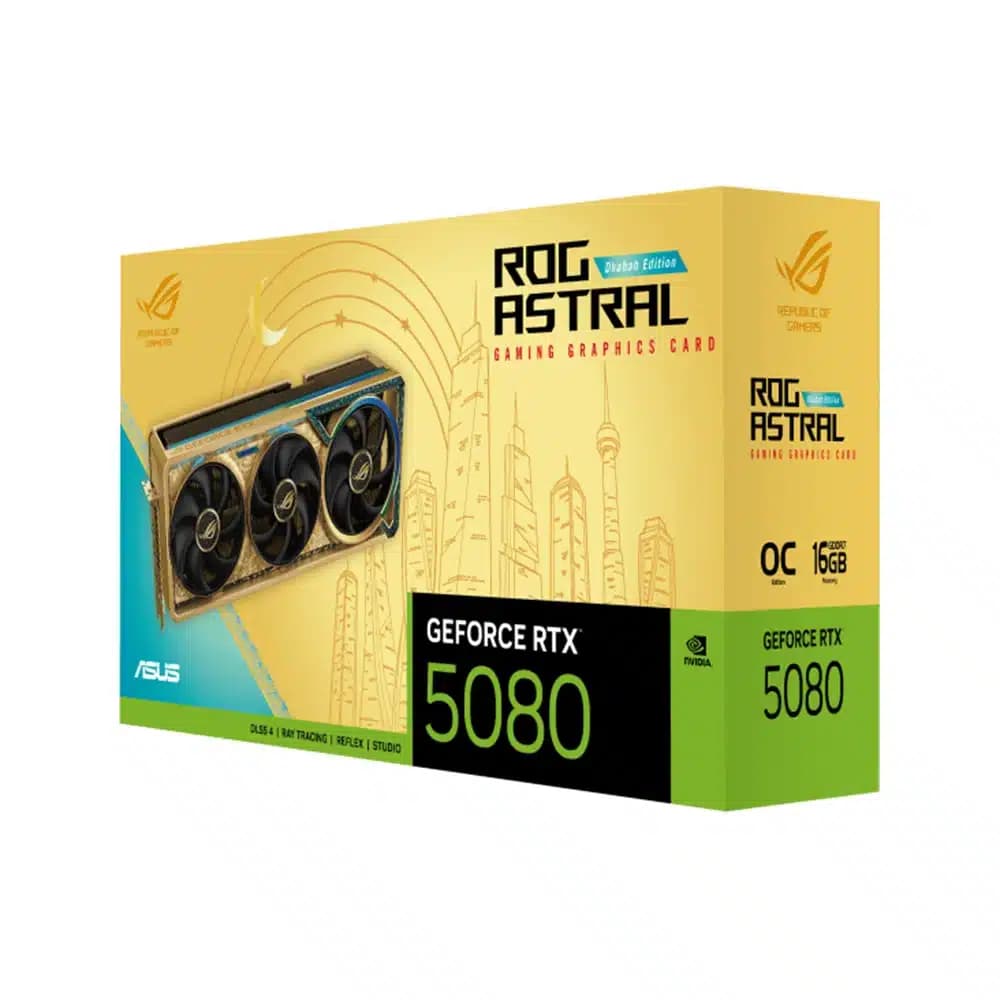 Asus ROG Astral GeForce RTX 5080 Dhahab CORE OC Edition Graphics Card, ARGB, 16GB GDDR7, 10752 Cuda Core, AI 1899 TOPs, 2760 MHz Engine Clock, PCI Express 5.0
