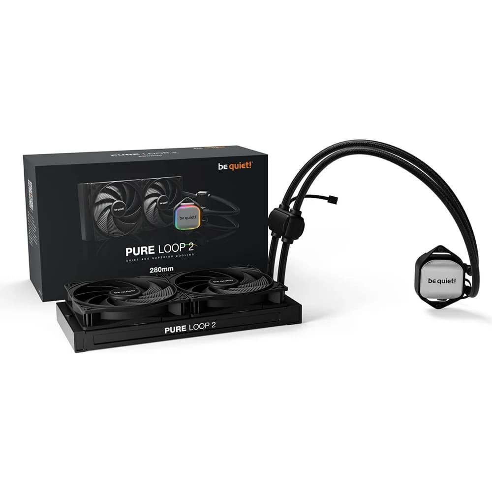 Be Quiet Pure Loop 2 280mm CPU Liquid Cooler, 2x Pure Wings 3 140mm PWM High-Speed Fans, 5500 RPM Pump Speed, 1800 RPM Fan Speed, 72.2 CFM Airflow, Copper / Nickel Plated Case Material, Black
